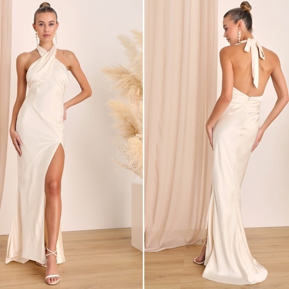 LULU's Bridal Champagne Sexy Satin Backless Elegant Sophisticated Mermaid Gown - Picture 1 of 3
